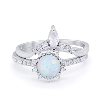 Two Piece Art Deco Bridal Set Ring Band Round Lab Created White Opal 925 Sterling Silver